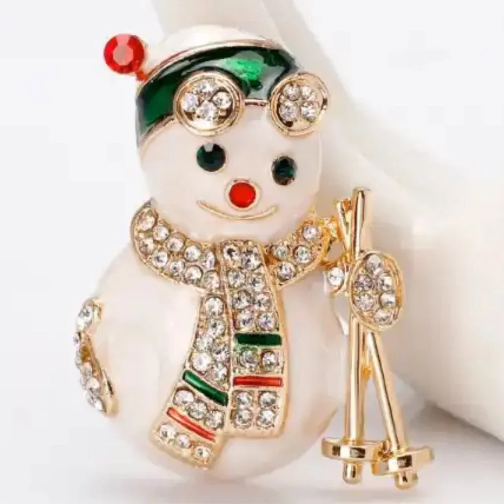 Skiing Snowman Metal Brooch